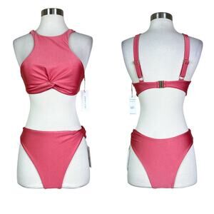 NEW Riot Swim | Pink Two Piece Tinsley Flamingo Twist High Neck Sexy Bikini NWT